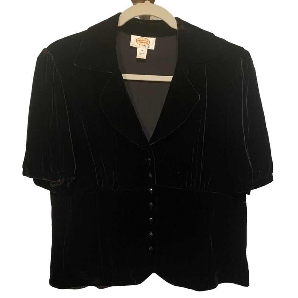 Talbots Petites Vintage Womans Black Velour Blouse Silk Blend Size 14 Petite